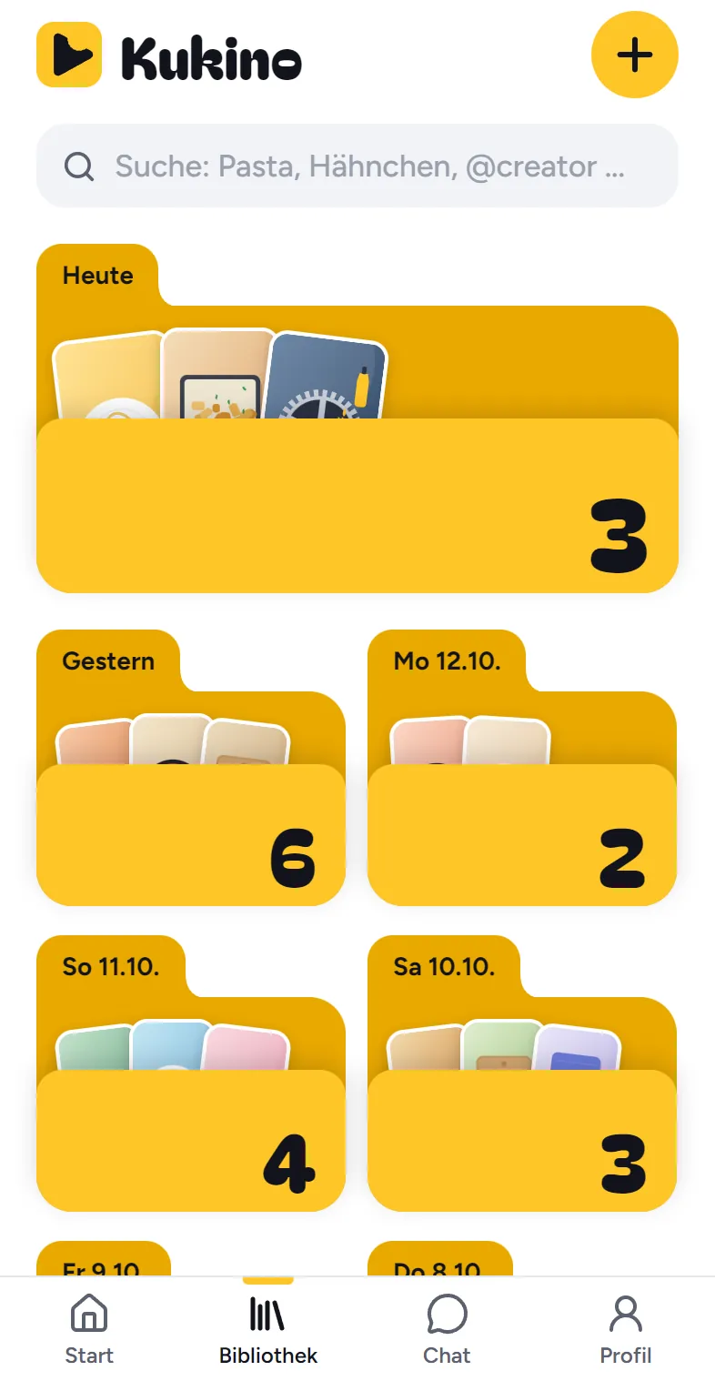 Bibliothek in Kukino: Mappen für jeden Tag, jede mit der Zahl der gespeicherten Rezepte.