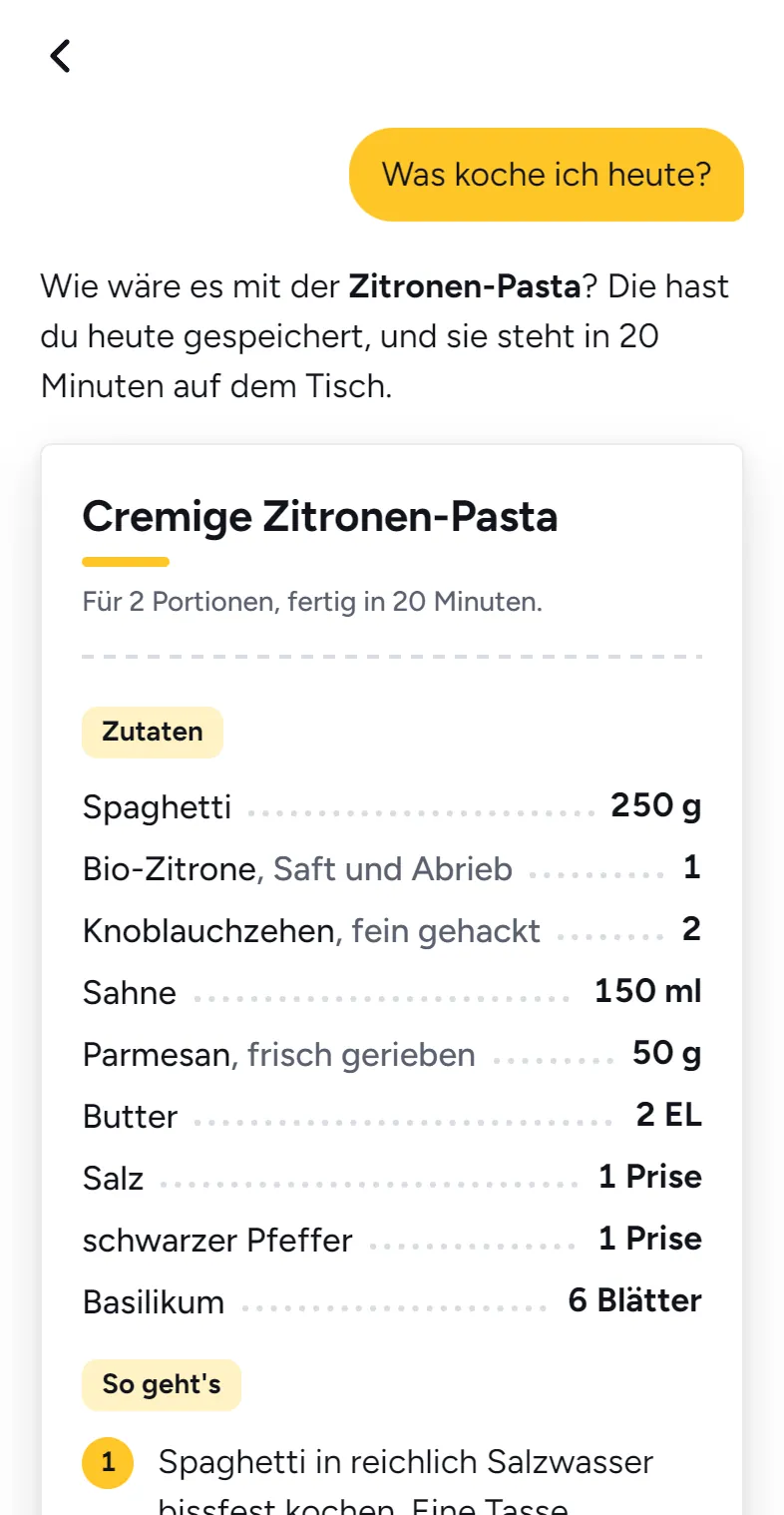 Chat mit Kukino: Auf die Frage „Was koche ich heute?“ schlägt Kukino die Zitronen-Pasta vor und druckt das Rezept als Bon.
