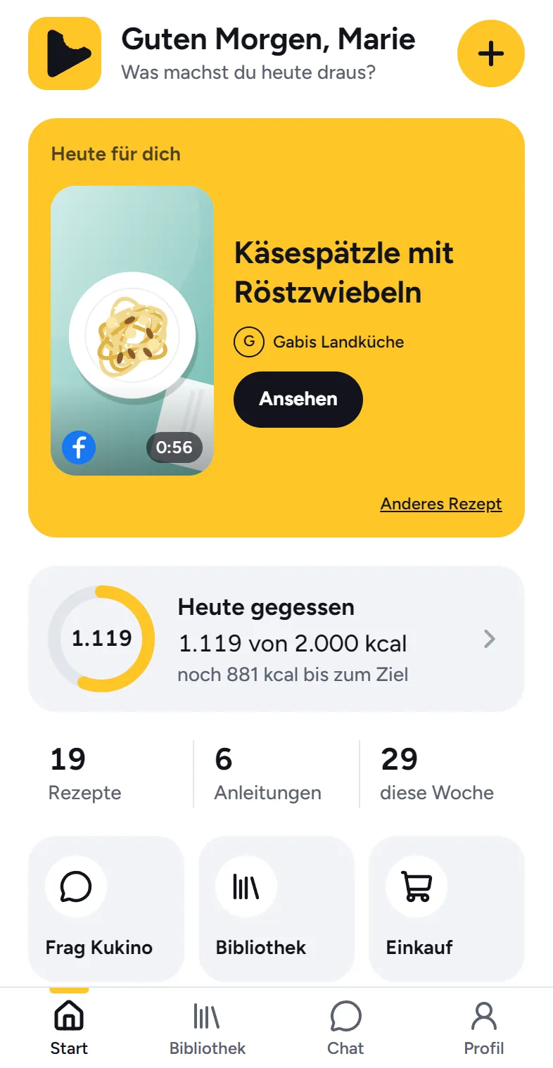 Startseite von Kukino auf dem iPhone: oben der Gruß, darunter der Vorschlag des Tages, das Tagebuch von heute und die Knöpfe Frag Kukino, Bibliothek und Einkauf.